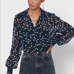 Sheer Daisy & Velvet Polka Dotted Button-Up Blouse